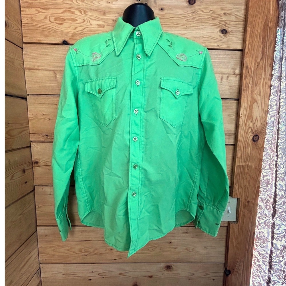Vintage Lime Green Floral Embroidered Western Button‎ Down Shirt Long Sleeve